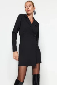 TRENDYOLMİLLA Black Button Detailed Mini Weaving Jacket Dress - Image 3