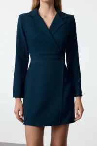 TRENDYOLMİLLA Petrol Blue Blue Blue Button Detailed Mini Weaving Jacket Dress - Image 4
