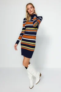 TRENDYOLMİLLA Navy Blue Mini Color Bloklu Dog collar Knit Dress - Image 2