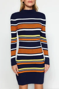TRENDYOLMİLLA Navy Blue Mini Color Bloklu Dog collar Knit Dress - Image 4