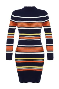 TRENDYOLMİLLA Navy Blue Mini Color Bloklu Dog collar Knit Dress - Image 6