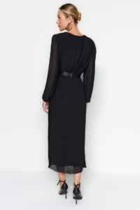 TRENDYOLMİLLA Black Arched A Cut pleated Maxi Lined Siphon Flight Flight Weaving Dress - Image 6