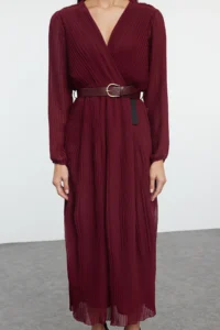 TRENDYOLMİLLA Burgundy Arched A Cut pleated Maxi Lined Siphon Flight Flight Weaving Dress - Image 3
