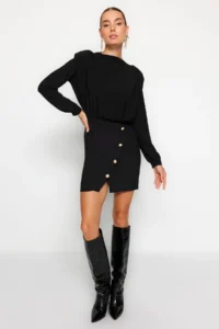 TRENDYOLMİLLA Black Body-Fitting Padded Button Detailed Mini Weaving Dress - Image 10