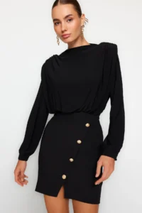 TRENDYOLMİLLA Black Body-Fitting Padded Button Detailed Mini Weaving Dress - Image 11