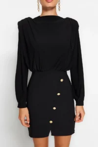 TRENDYOLMİLLA Black Body-Fitting Padded Button Detailed Mini Weaving Dress - Image 12