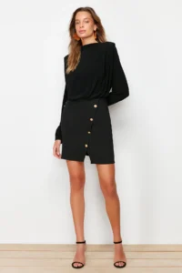 TRENDYOLMİLLA Black Body-Fitting Padded Button Detailed Mini Weaving Dress - Image 3