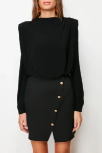 TRENDYOLMİLLA Black Body-Fitting Padded Button Detailed Mini Weaving Dress - Image 6