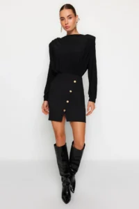 TRENDYOLMİLLA Black Body-Fitting Padded Button Detailed Mini Weaving Dress - Image 9