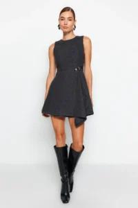 TRENDYOLMİLLA Anthracite A Cut Skirt Asymmetric Mini Weaving Dress