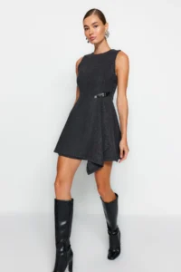 TRENDYOLMİLLA Anthracite A Cut Skirt Asymmetric Mini Weaving Dress - Image 2