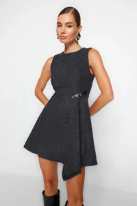 TRENDYOLMİLLA Anthracite A Cut Skirt Asymmetric Mini Weaving Dress - Image 3