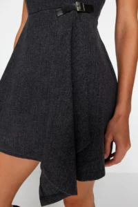 TRENDYOLMİLLA Anthracite A Cut Skirt Asymmetric Mini Weaving Dress - Image 4