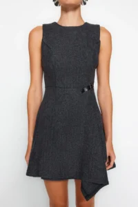 TRENDYOLMİLLA Anthracite A Cut Skirt Asymmetric Mini Weaving Dress - Image 5