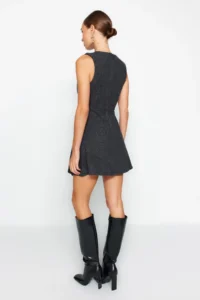 TRENDYOLMİLLA Anthracite A Cut Skirt Asymmetric Mini Weaving Dress - Image 6