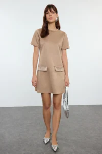TRENDYOLMİLLA Mink Crew Neck Stone Detailed shift/Plain Mini Suede Knitting Dress - Image 2