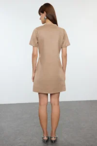 TRENDYOLMİLLA Mink Crew Neck Stone Detailed shift/Plain Mini Suede Knitting Dress - Image 6