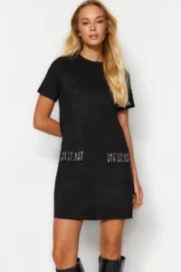 TRENDYOLMİLLA Black Crew Neck Stone Detailed shift/Plain Mini Suede Knitting Dress - Image 4
