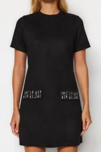 TRENDYOLMİLLA Black Crew Neck Stone Detailed shift/Plain Mini Suede Knitting Dress - Image 6
