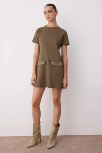 TRENDYOLMİLLA Khaki Crew Neck Stone Detailed shift/Plain Mini Suede Knitting Dress