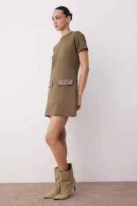 TRENDYOLMİLLA Khaki Crew Neck Stone Detailed shift/Plain Mini Suede Knitting Dress - Image 2