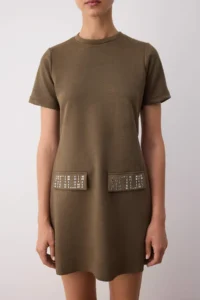 TRENDYOLMİLLA Khaki Crew Neck Stone Detailed shift/Plain Mini Suede Knitting Dress - Image 3