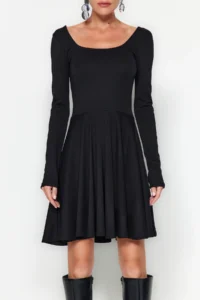TRENDYOLMİLLA Black Square Neck Ruffled Skirt Bele Oturan Mini Knitting Dress - Image 2