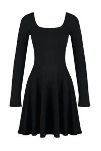 TRENDYOLMİLLA Black Square Neck Ruffled Skirt Bele Oturan Mini Knitting Dress - Image 6