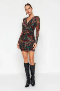 TRENDYOLMİLLA Black Printed Tulle Ruffle/Drape Detailed Fitted V-neck Mini Knitting Pen Dress - Image 2