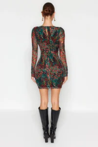 TRENDYOLMİLLA Black Printed Tulle Ruffle/Drape Detailed Fitted V-neck Mini Knitting Pen Dress - Image 7