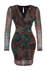 TRENDYOLMİLLA Black Printed Tulle Ruffle/Drape Detailed Fitted V-neck Mini Knitting Pen Dress - Image 9