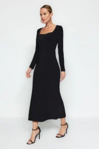 TRENDYOLMİLLA Black with flywheel Square Neck Fitted Maxi Flexible Knitting Dress - Image 2