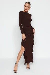 TRENDYOLMİLLA Brown Skirt with flywheel Kayak Kaya Maxi Flexible Knitting Dress