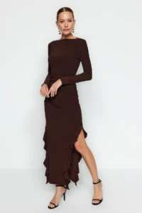 TRENDYOLMİLLA Brown Skirt with flywheel Kayak Kaya Maxi Flexible Knitting Dress - Image 3