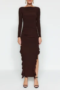 TRENDYOLMİLLA Brown Skirt with flywheel Kayak Kaya Maxi Flexible Knitting Dress - Image 4
