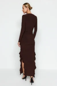 TRENDYOLMİLLA Brown Skirt with flywheel Kayak Kaya Maxi Flexible Knitting Dress - Image 5