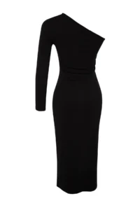 TRENDYOLMİLLA Black Asymmetric Neckline Fitted Slit Detailed Midi Knitting Dress - Image 12