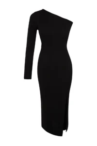 TRENDYOLMİLLA Black Asymmetric Neckline Fitted Slit Detailed Midi Knitting Dress - Image 13