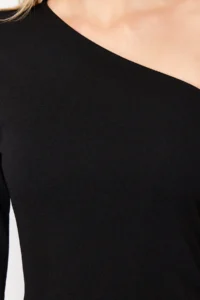 TRENDYOLMİLLA Black Asymmetric Neckline Fitted Slit Detailed Midi Knitting Dress - Image 5