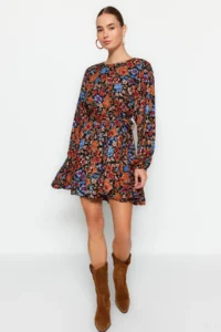 TRENDYOLMİLLA Multicolored Belted Skirt with flywheel Boho Viscose Weaving Dress - Image 2