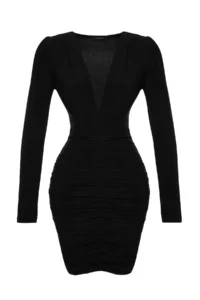 TRENDYOLMİLLA Black Draped V-neck Fitted Flexible Mini Knitting Pen Dress - Image 7