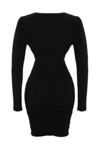 TRENDYOLMİLLA Black Draped V-neck Fitted Flexible Mini Knitting Pen Dress - Image 8