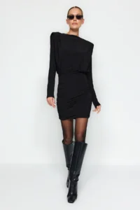 TRENDYOLMİLLA Black padded Draped Fitted Mini Flexible Knitting Pen Dress