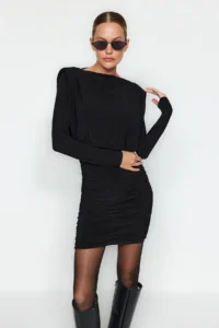 TRENDYOLMİLLA Black padded Draped Fitted Mini Flexible Knitting Pen Dress - Image 3