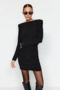 TRENDYOLMİLLA Black padded Draped Fitted Mini Flexible Knitting Pen Dress - Image 4