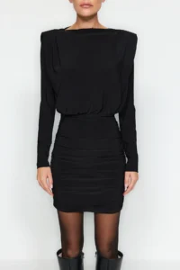 TRENDYOLMİLLA Black padded Draped Fitted Mini Flexible Knitting Pen Dress - Image 5