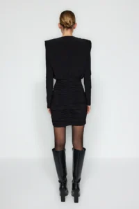 TRENDYOLMİLLA Black padded Draped Fitted Mini Flexible Knitting Pen Dress - Image 6
