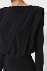 TRENDYOLMİLLA Black padded Draped Fitted Mini Flexible Knitting Pen Dress - Image 7