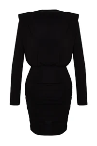 TRENDYOLMİLLA Black padded Draped Fitted Mini Flexible Knitting Pen Dress - Image 8