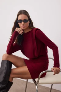 TRENDYOLMİLLA Burgundy padded Draped Fitted Mini Flexible Knitting Pen Dress